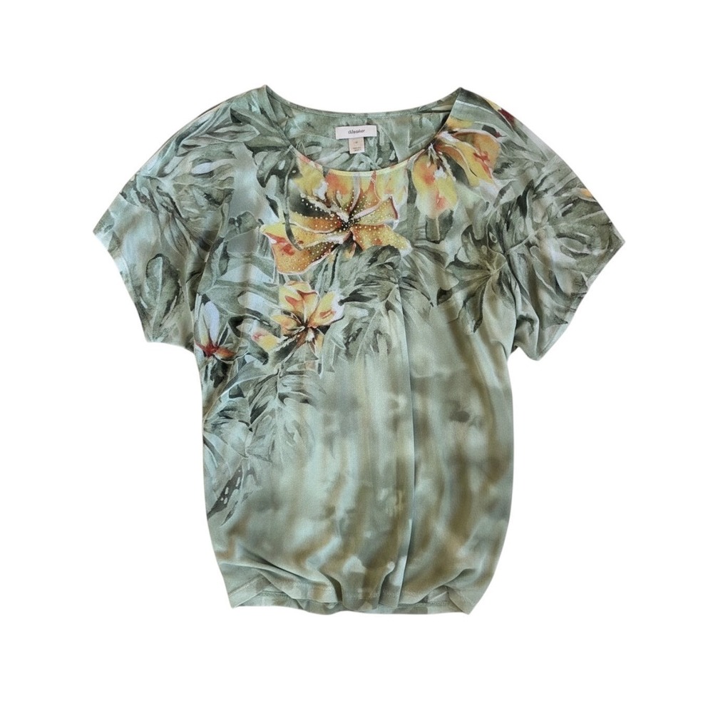 CJ Banks Women Plus 1X Green Floral Mesh Blouse Short Sleeve Rhinestone Accents